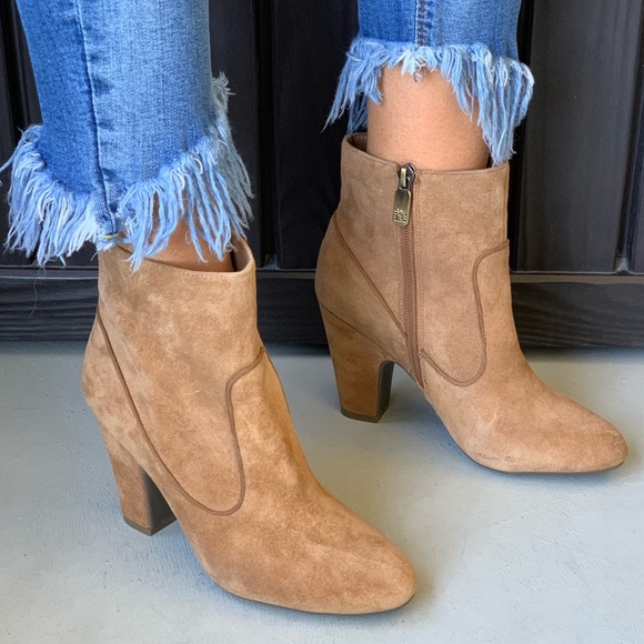 Camel Distressed Suede Block Heel Sock Ankle Boots - Picture 1 of 8